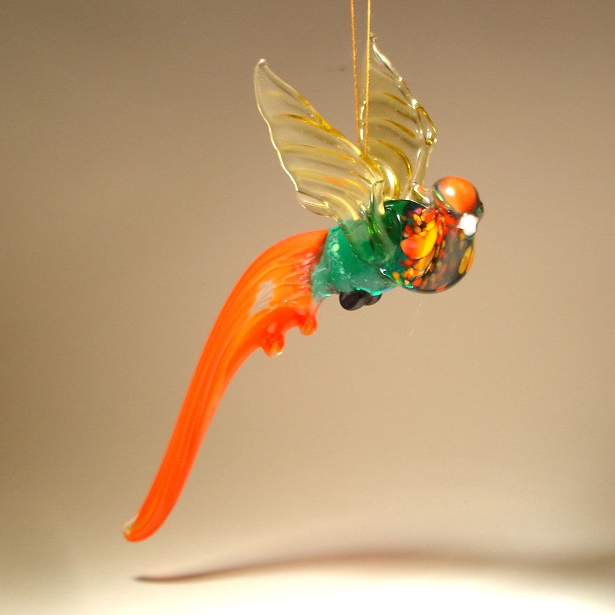 Handmade glass Pheasant figurine with green body and orange tail