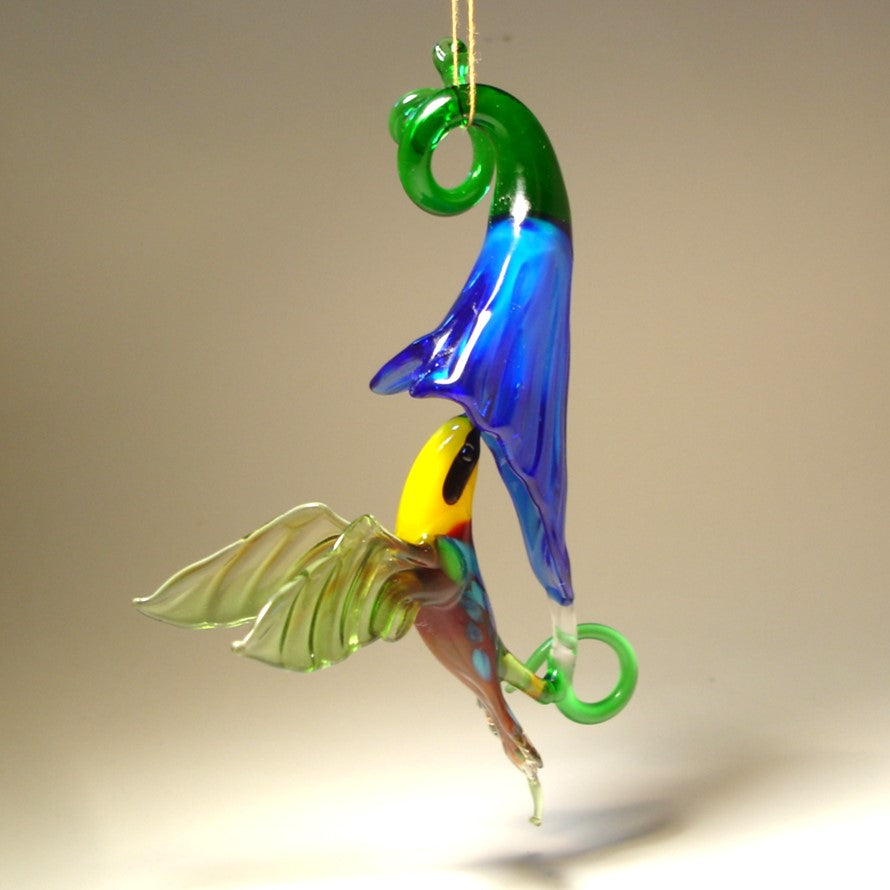 Handmade hummingbird and blue flower ornament