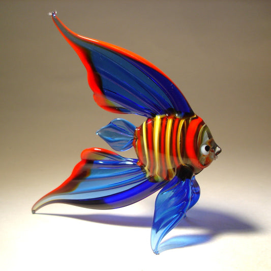 Handmade glass Blue angel fish figurine with Red and yellow striped body