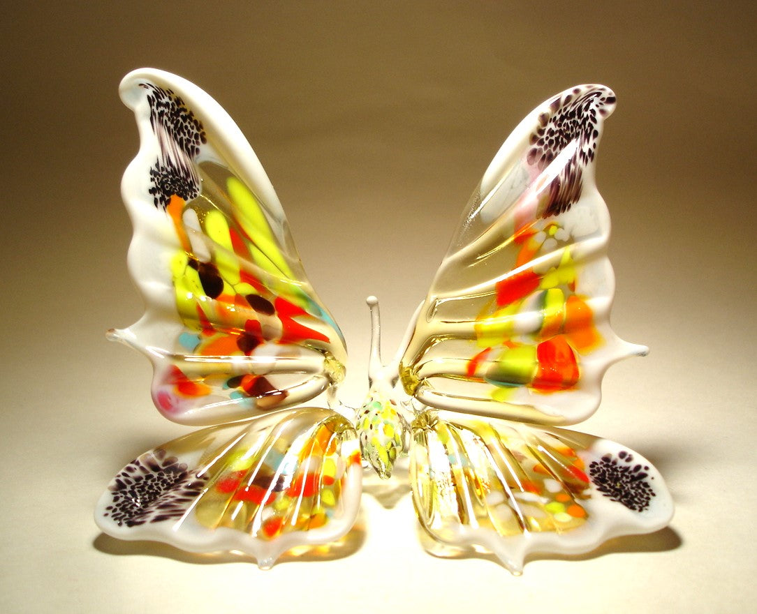 a Front view of a handmade butterfly sitting with wings trimmed in white and multicolored specs.