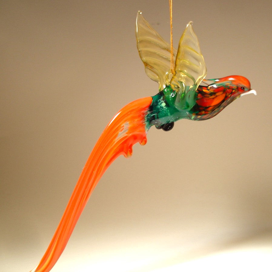 The glass Hanging Bird Pheasant figurine ornament viewed from a different angle, displaying its distinctive long tail and graceful posture.