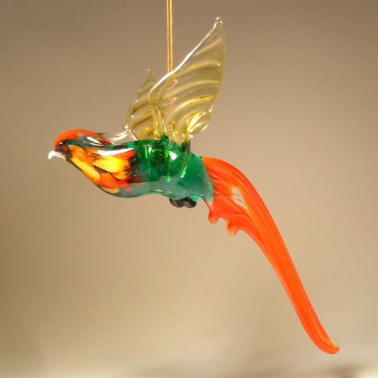 A glass Hanging Bird Pheasant figurine ornament with orange, yellow and green plumage. 
