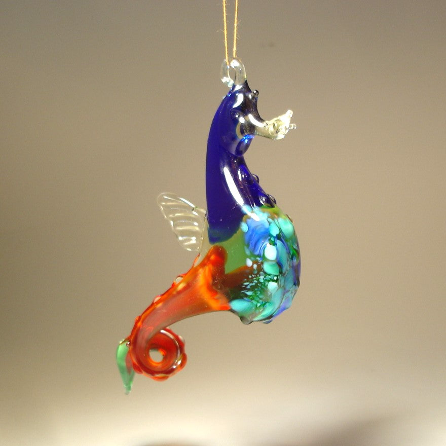 Handmade glass seahorse with blue belly and red tail