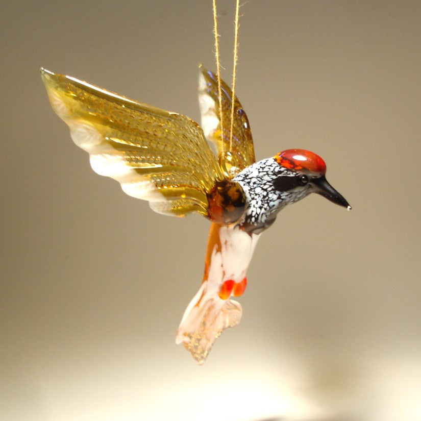 Glass woodpecker figurine ornament with red head and brown wings