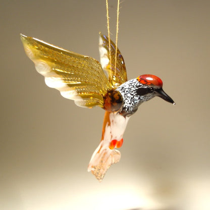 Glass woodpecker figurine ornament with red head and brown wings