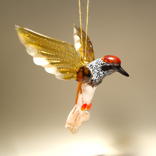 Glass woodpecker figurine ornament with red head and brown wings