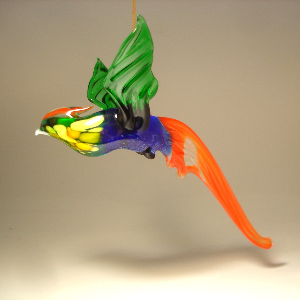 Handmade glass Pheasant figurine with green body and orange tail