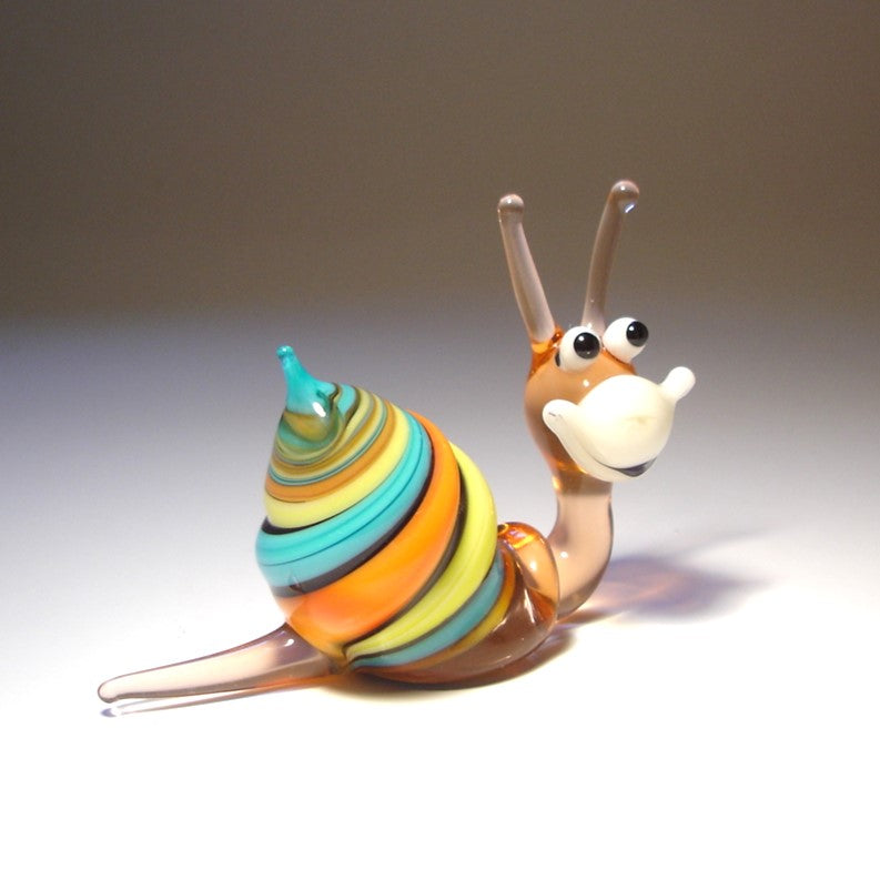 Handmade glass happy snail figurine - Blue and Orange shell, white face and a smile.