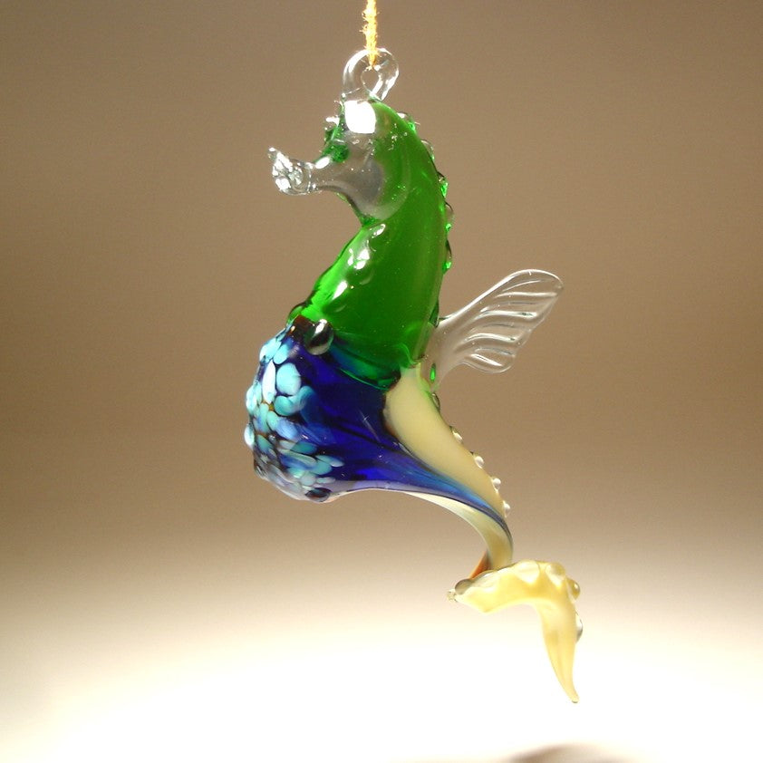 Handmade glass seahorse ornament in blue, green and Yellow
