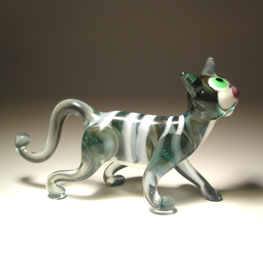 Striped Glass Cat Figurine - Gray & White