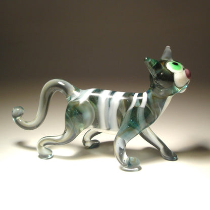Striped Glass Cat Figurine - Gray & White
