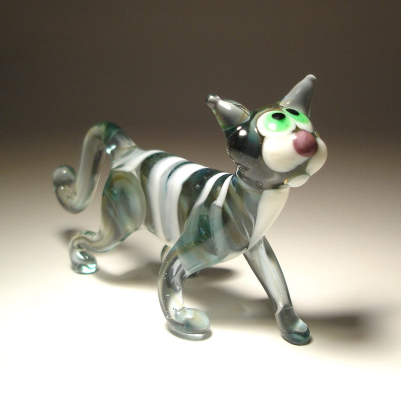 Striped Glass Cat Figurine - Gray & White