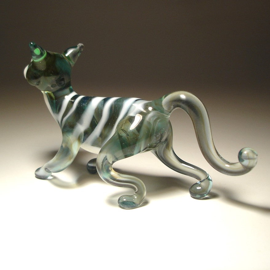 Striped Glass Cat Figurine - Gray & White
