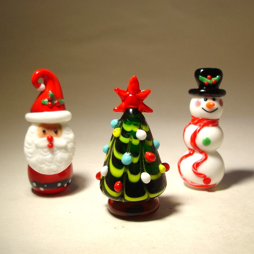 Glass Christmas Tree, Santa and Snowman Figurines