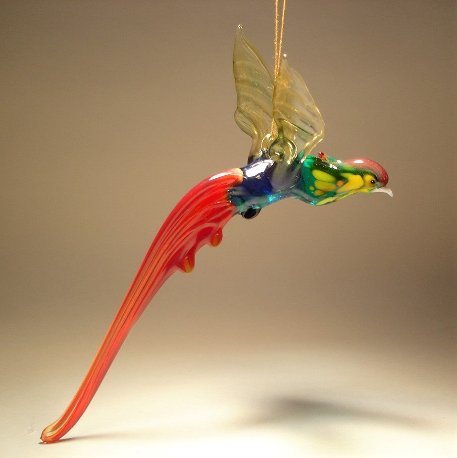 The glass Hanging Bird Pheasant figurine ornament viewed from a different angle, displaying its distinctive long tail and graceful posture.