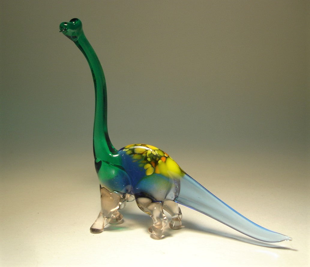 Front view of a glass Brachiosaurus figurine, showcasing its long neck and graceful stance.