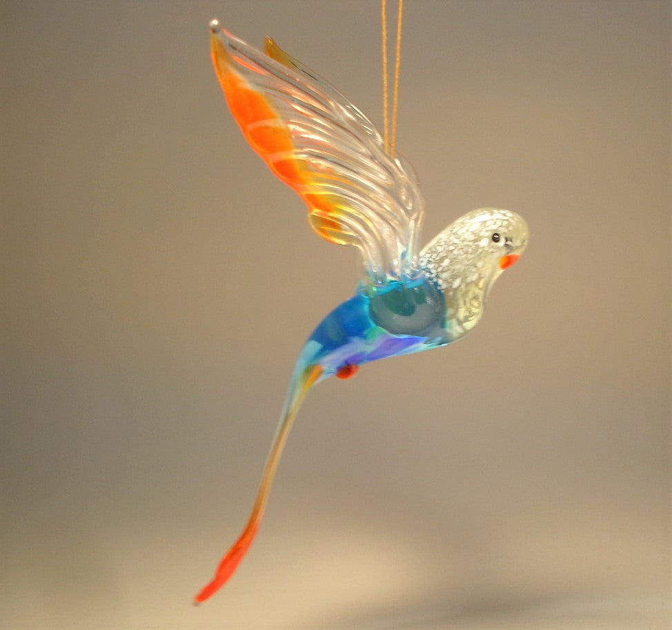 The glass Hanging Blue & Red Parrot Parakeet figurine viewed from a different angle.