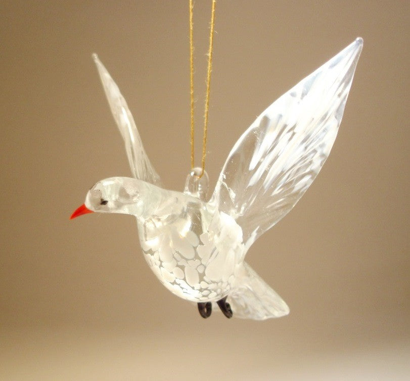 Another view of the white dove glass ornament with the head turned to the right.