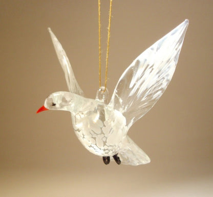 Another view of the white dove glass ornament with the head turned to the right.